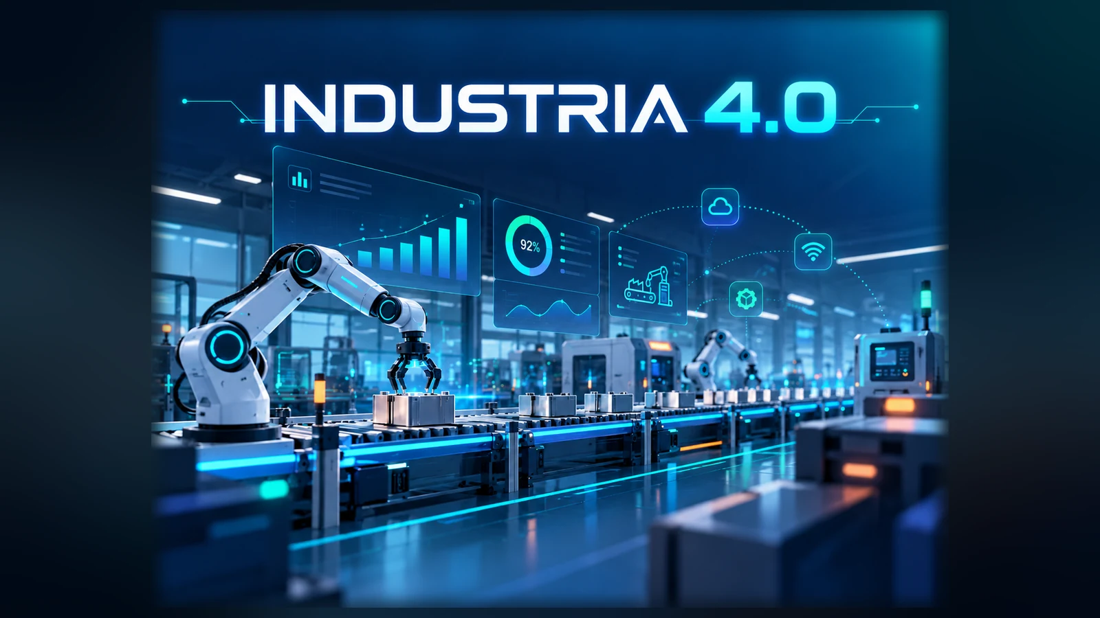Industria 4.0: línea de producción inteligente, brazo robótico y paneles de análisis industrial